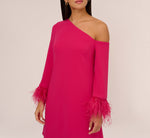 Knit Crepe One Shoulder Long Sleeve Dress With Feather Accents In Bright Rose 4