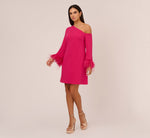 Knit Crepe One Shoulder Long Sleeve Dress With Feather Accents In Bright Rose 8