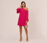 Knit Crepe One Shoulder Long Sleeve Dress With Feather Accents In Bright Rose 2