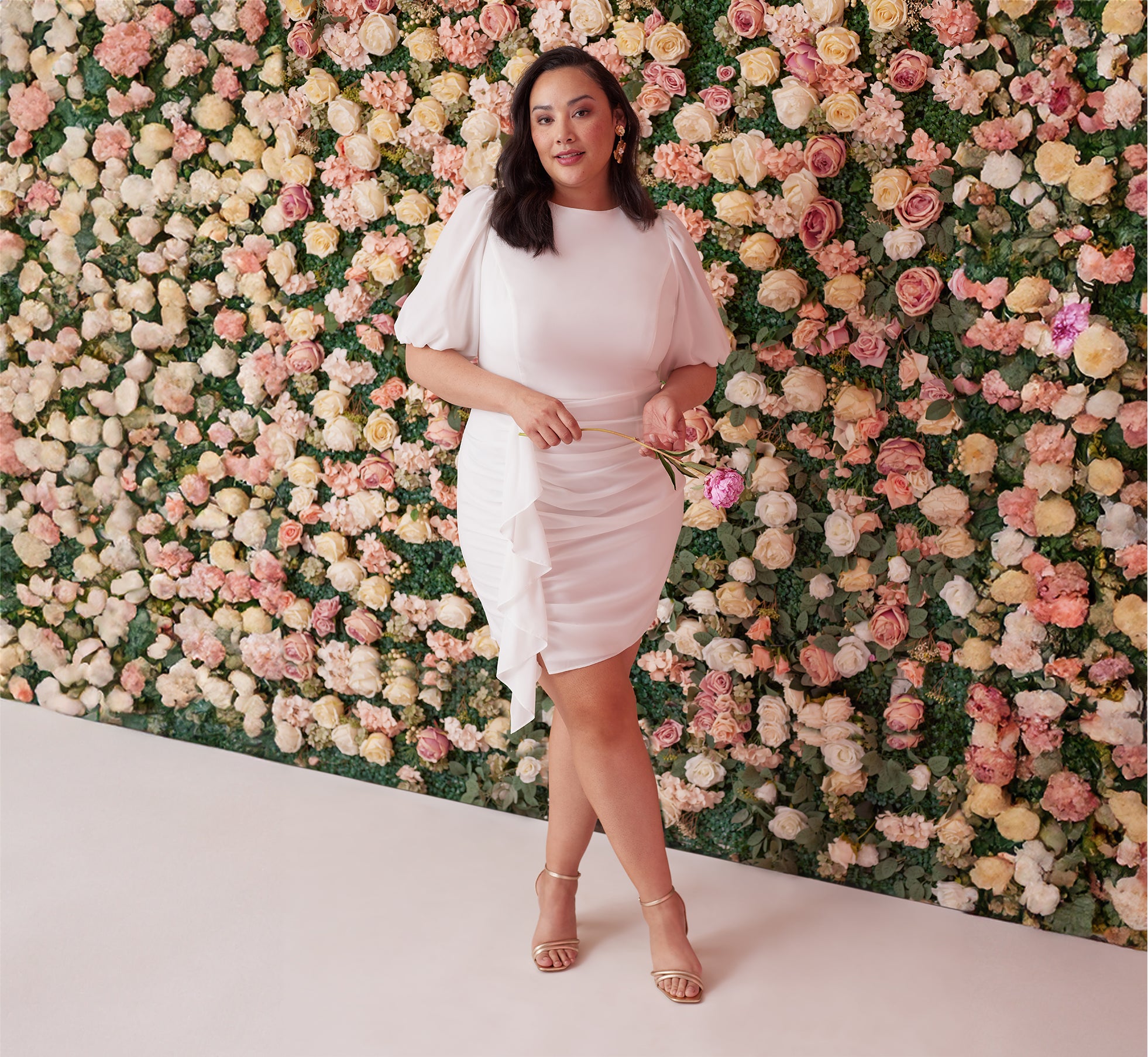 Plus Size Puff Short Sleeve Sheath Dress With Ruffle Accent In Ivory 1